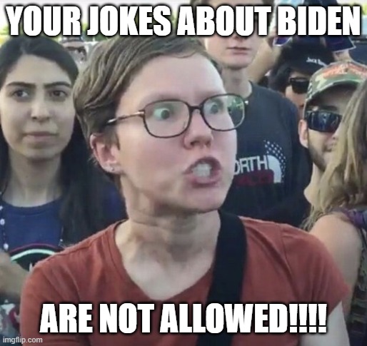 Free Speech? | YOUR JOKES ABOUT BIDEN; ARE NOT ALLOWED!!!! | image tagged in triggered feminist | made w/ Imgflip meme maker