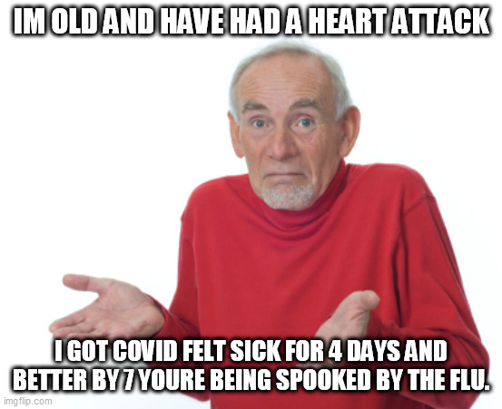 Guess I'll die  | IM OLD AND HAVE HAD A HEART ATTACK; I GOT COVID FELT SICK FOR 4 DAYS AND BETTER BY 7 YOURE BEING SPOOKED BY THE FLU. | image tagged in guess i'll die | made w/ Imgflip meme maker