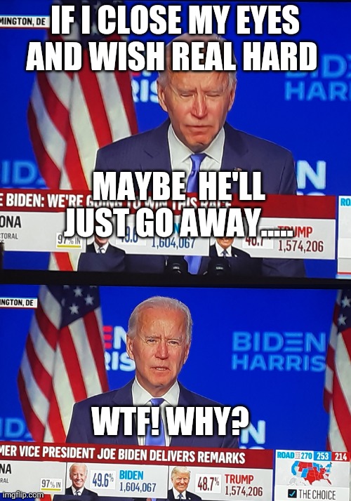 IF I CLOSE MY EYES AND WISH REAL HARD; MAYBE  HE'LL JUST GO AWAY..... WTF! WHY? | image tagged in joe biden,trump,upvote,meme,jokes,government | made w/ Imgflip meme maker