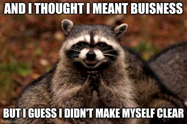 Evil Plotting Raccoon | AND I THOUGHT I MEANT BUISNESS; BUT I GUESS I DIDN'T MAKE MYSELF CLEAR | image tagged in memes,evil plotting raccoon | made w/ Imgflip meme maker