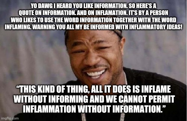 I laughed at this political analysis. | YO DAWG I HEARD YOU LIKE INFORMATION. SO HERE'S A QUOTE ON INFORMATION. AND ON INFLAMATION. IT'S BY A PERSON WHO LIKES TO USE THE WORD INFORMATION TOGETHER WITH THE WORD INFLAMING. WARNING YOU ALL MY BE INFORMED WITH INFLAMMATORY IDEAS! “THIS KIND OF THING, ALL IT DOES IS INFLAME
 WITHOUT INFORMING AND WE CANNOT PERMIT
 INFLAMMATION WITHOUT INFORMATION.” | image tagged in memes,yo dawg heard you | made w/ Imgflip meme maker