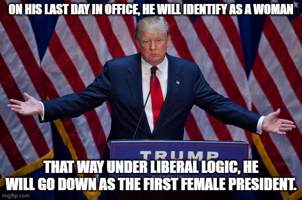 Donald Trump | ON HIS LAST DAY IN OFFICE, HE WILL IDENTIFY AS A WOMAN; THAT WAY UNDER LIBERAL LOGIC, HE WILL GO DOWN AS THE FIRST FEMALE PRESIDENT. | image tagged in donald trump | made w/ Imgflip meme maker