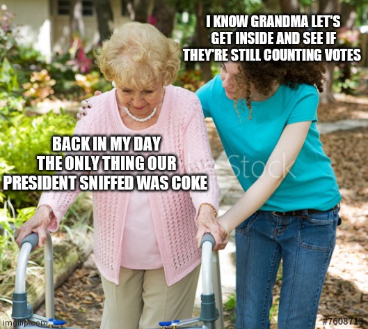 Sure Grandma | I KNOW GRANDMA LET'S GET INSIDE AND SEE IF THEY'RE STILL COUNTING VOTES; BACK IN MY DAY THE ONLY THING OUR PRESIDENT SNIFFED WAS COKE | image tagged in sure grandma | made w/ Imgflip meme maker