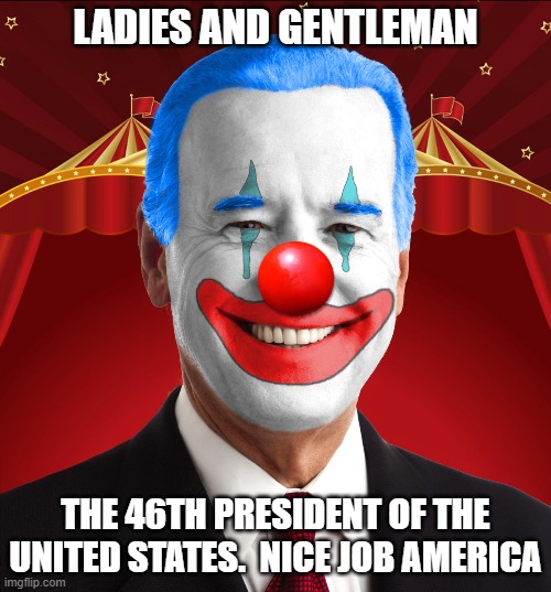Joe Biden 46th President of The United States | LADIES AND GENTLEMAN; THE 46TH PRESIDENT OF THE UNITED STATES.  NICE JOB AMERICA | image tagged in joe biden,moron,are you kidding me,democratic socialism | made w/ Imgflip meme maker