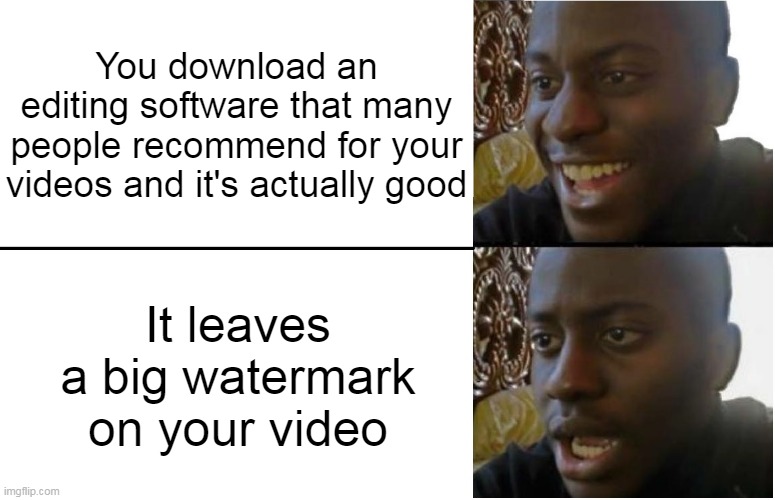 Disappointed black guy | You download an editing software that many people recommend for your videos and it's actually good; It leaves a big watermark on your video | image tagged in disappointed black guy | made w/ Imgflip meme maker