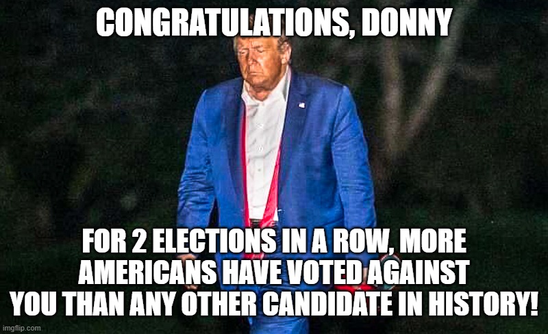 Defeated Trump Meme | CONGRATULATIONS, DONNY; FOR 2 ELECTIONS IN A ROW, MORE AMERICANS HAVE VOTED AGAINST YOU THAN ANY OTHER CANDIDATE IN HISTORY! | image tagged in defeated trump meme | made w/ Imgflip meme maker
