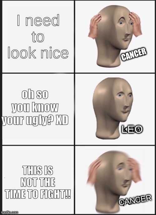 Boredd as hecc | I need to look nice; CANCER; oh so you know your ugly? XD; LEO; THIS IS NOT THE TIME TO FIGHT!! CANCER | image tagged in idk why i did this | made w/ Imgflip meme maker