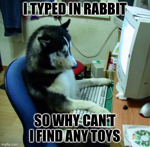 I Have No Idea What I Am Doing Meme | I TYPED IN RABBIT; SO WHY CAN’T I FIND ANY TOYS | image tagged in memes,i have no idea what i am doing | made w/ Imgflip meme maker