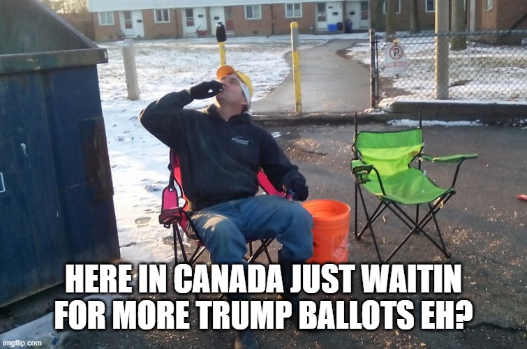 HERE IN CANADA JUST WAITIN FOR MORE TRUMP BALLOTS EH? | image tagged in trump | made w/ Imgflip meme maker