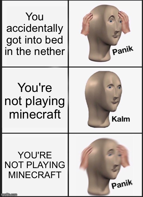 Kaboom! | You accidentally got into bed in the nether; You're not playing minecraft; YOU'RE NOT PLAYING MINECRAFT | image tagged in memes,panik kalm panik,funny,minecraft,nether,bed | made w/ Imgflip meme maker