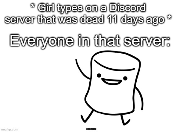 This seems like it | * Girl types on a Discord server that was dead 11 days ago *; Everyone in that server: | image tagged in discord | made w/ Imgflip meme maker