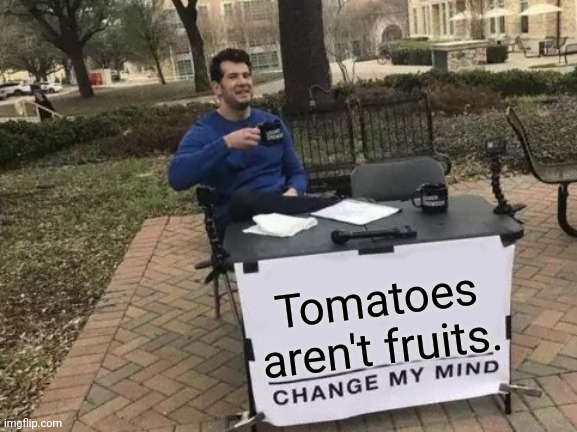 They aren't... | Tomatoes aren't fruits. | image tagged in memes,change my mind | made w/ Imgflip meme maker