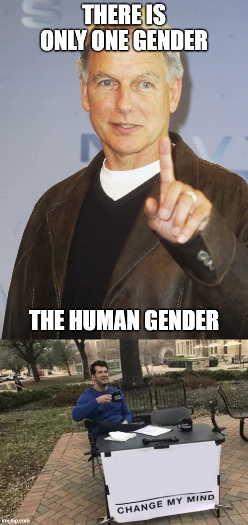 TRUTH!!!!1!!1!!1!1!!! | THERE IS ONLY ONE GENDER; THE HUMAN GENDER | image tagged in mark harmon one finger up,memes,change my mind | made w/ Imgflip meme maker