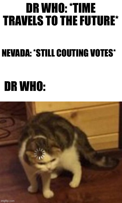 Loading cat | DR WHO: *TIME TRAVELS TO THE FUTURE*; NEVADA: *STILL COUTING VOTES*; DR WHO: | image tagged in loading cat,2020,presidential election,usa,nevada | made w/ Imgflip meme maker