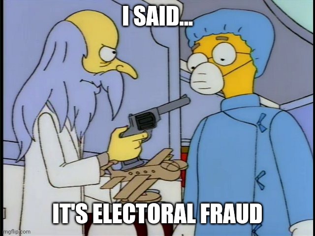 I said stop the steal | I SAID... IT'S ELECTORAL FRAUD | image tagged in mr burns spruce moose,trump,election 2020,election fraud | made w/ Imgflip meme maker
