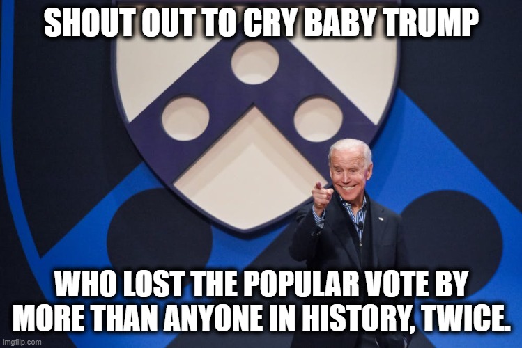 Cool Joe, better than whiney donny | SHOUT OUT TO CRY BABY TRUMP; WHO LOST THE POPULAR VOTE BY MORE THAN ANYONE IN HISTORY, TWICE. | image tagged in memes,election 2020,joe biden,politics,donald trump is an idiot,maga | made w/ Imgflip meme maker