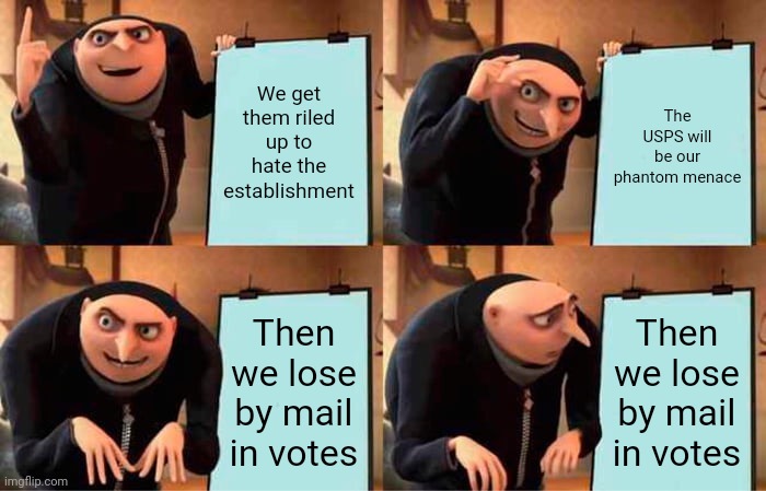 Knocked it out of the park | We get them riled up to hate the establishment; The USPS will be our phantom menace; Then we lose by mail in votes; Then we lose by mail in votes | image tagged in memes,gru's plan,dumptrump | made w/ Imgflip meme maker