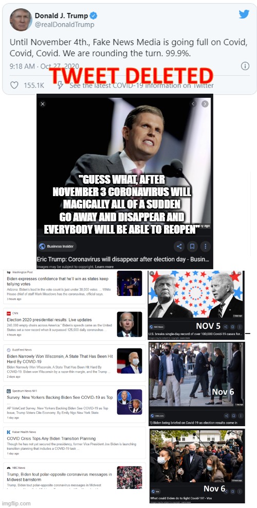 How will the Trumps roll this back ?  Fake News? Never said that? | "GUESS WHAT, AFTER NOVEMBER 3 CORONAVIRUS WILL MAGICALLY ALL OF A SUDDEN GO AWAY AND DISAPPEAR AND EVERYBODY WILL BE ABLE TO REOPEN" | image tagged in trump lies,election,covid,news after november 4 | made w/ Imgflip meme maker