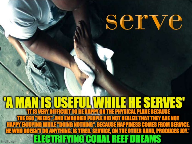SERVE | 'A MAN IS USEFUL WHILE HE SERVES'; 'IT IS VERY DIFFICULT TO BE HAPPY ON THE PHYSICAL PLANE BECAUSE THE EGO "NEEDS", AND EMBODIED PEOPLE DID NOT REALIZE THAT THEY ARE NOT HAPPY ENJOYING WHILE "DOING NOTHING", BECAUSE HAPPINESS COMES FROM SERVICE. HE WHO DOESN'T DO ANYTHING, IS TIRED. SERVICE, ON THE OTHER HAND, PRODUCES JOY.'; ELECTRIFYING CORAL REEF DREAMS | image tagged in serve | made w/ Imgflip meme maker