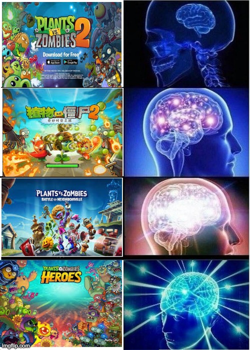 Play harder PVZ game makes you smarter, Chinese version of PVZ is hard | image tagged in memes,expanding brain,pvz | made w/ Imgflip meme maker