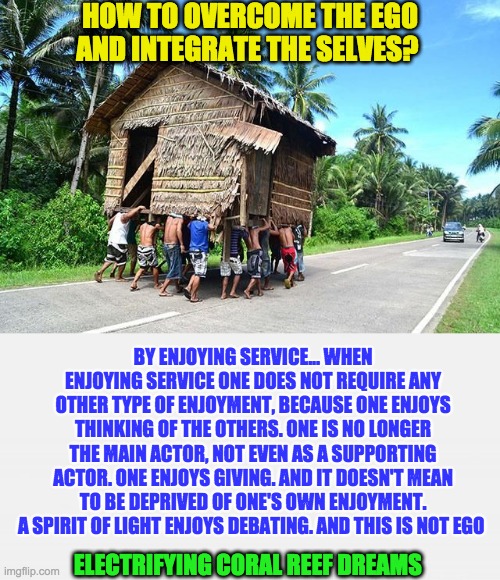 HOW TO OVERCOME THE EGO AND INTEGRATE THE SELVES? BY ENJOYING SERVICE... WHEN ENJOYING SERVICE ONE DOES NOT REQUIRE ANY OTHER TYPE OF ENJOYMENT, BECAUSE ONE ENJOYS THINKING OF THE OTHERS. ONE IS NO LONGER THE MAIN ACTOR, NOT EVEN AS A SUPPORTING ACTOR. ONE ENJOYS GIVING. AND IT DOESN'T MEAN TO BE DEPRIVED OF ONE'S OWN ENJOYMENT. A SPIRIT OF LIGHT ENJOYS DEBATING. AND THIS IS NOT EGO; ELECTRIFYING CORAL REEF DREAMS | image tagged in serve | made w/ Imgflip meme maker