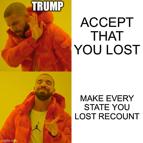 BIDEN GONNA WIN! | TRUMP; ACCEPT THAT YOU LOST; MAKE EVERY STATE YOU LOST RECOUNT | image tagged in memes,drake hotline bling | made w/ Imgflip meme maker