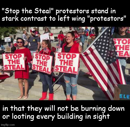 Stop the Steal rioters | "Stop the Steal" protestors stand in 
stark contrast to left wing "protestors"; in that they will not be burning down 
or looting every building in sight | image tagged in politics | made w/ Imgflip meme maker