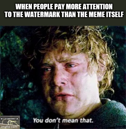 Samwise you don't mean that | WHEN PEOPLE PAY MORE ATTENTION TO THE WATERMARK THAN THE MEME ITSELF; GET STICKBUGGED LOL | image tagged in samwise you don't mean that | made w/ Imgflip meme maker
