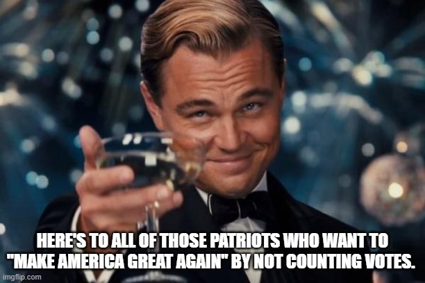 Stop the count. | HERE'S TO ALL OF THOSE PATRIOTS WHO WANT TO "MAKE AMERICA GREAT AGAIN" BY NOT COUNTING VOTES. | image tagged in memes,leonardo dicaprio cheers | made w/ Imgflip meme maker