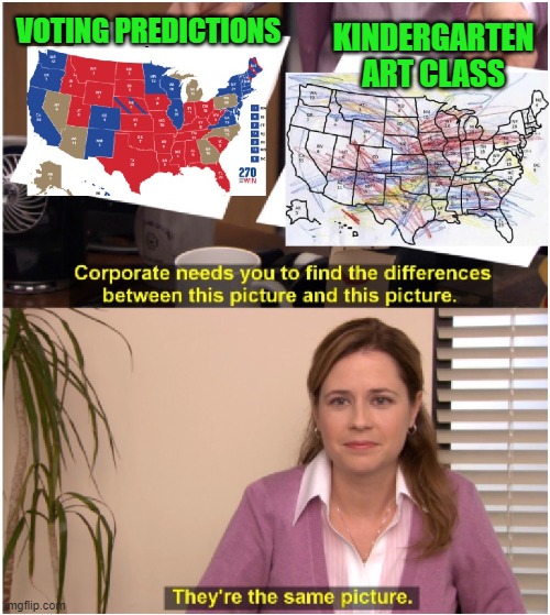 The News predicting election results be like | VOTING PREDICTIONS; KINDERGARTEN ART CLASS | image tagged in news,fake news,election 2020,voting,trump,biden | made w/ Imgflip meme maker