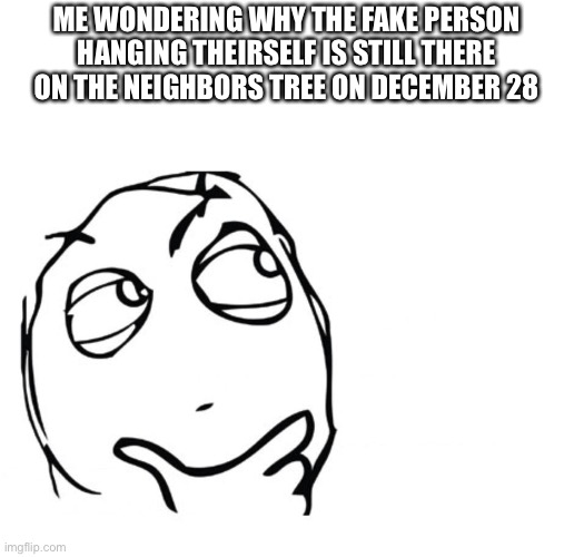 hmmm | ME WONDERING WHY THE FAKE PERSON HANGING THEIRSELF IS STILL THERE ON THE NEIGHBORS TREE ON DECEMBER 28 | image tagged in hmmm | made w/ Imgflip meme maker