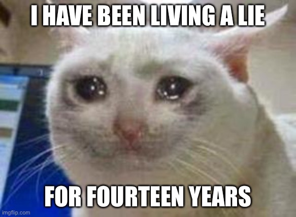 Sad cat | I HAVE BEEN LIVING A LIE FOR FOURTEEN YEARS | image tagged in sad cat | made w/ Imgflip meme maker