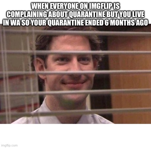 Meanwhile | WHEN EVERYONE ON IMGFLIP IS COMPLAINING ABOUT QUARANTINE BUT YOU LIVE IN WA SO YOUR QUARANTINE ENDED 6 MONTHS AGO | image tagged in jim office blinds | made w/ Imgflip meme maker