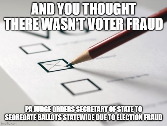 Voter fraud | AND YOU THOUGHT THERE WASN'T VOTER FRAUD; PA JUDGE ORDERS SECRETARY OF STATE TO SEGREGATE BALLOTS STATEWIDE DUE TO ELECTION FRAUD | image tagged in voting ballot,voter fraud,pa,pennsylvania,election 2020 | made w/ Imgflip meme maker