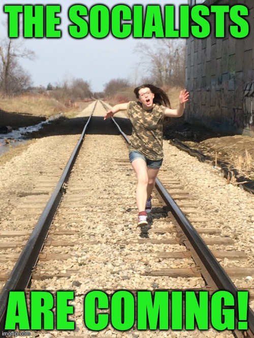 girl running on train tracks | THE SOCIALISTS; ARE COMING! | image tagged in girl running on train tracks,socialists,communist socialist,dictator,democrats,dog whistle | made w/ Imgflip meme maker