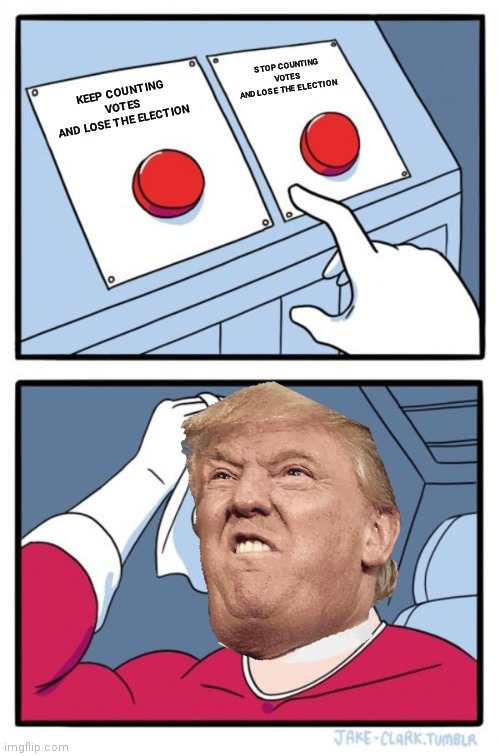 Two Buttons | STOP COUNTING VOTES
AND LOSE THE ELECTION; KEEP COUNTING VOTES
AND LOSE THE ELECTION | image tagged in memes,two buttons,donald trump,election 2020 | made w/ Imgflip meme maker