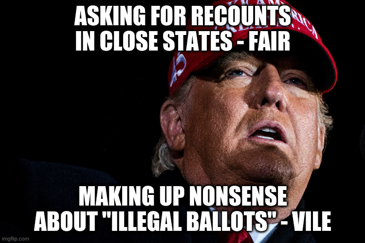 The Anti-Democracy President | ASKING FOR RECOUNTS IN CLOSE STATES - FAIR; MAKING UP NONSENSE ABOUT "ILLEGAL BALLOTS" - VILE | image tagged in trump,humor,election 2020,ballots | made w/ Imgflip meme maker