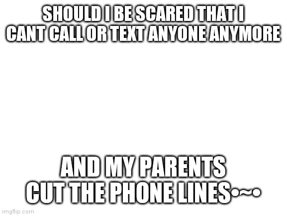 I don't know if u should worry | SHOULD I BE SCARED THAT I CANT CALL OR TEXT ANYONE ANYMORE; AND MY PARENTS CUT THE PHONE LINES•~• | image tagged in blank white template | made w/ Imgflip meme maker