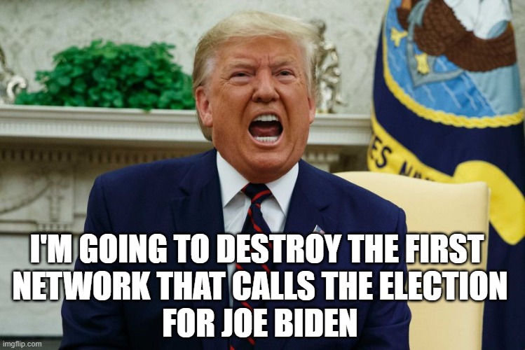 What the heck are the Network decision desks waiting for? | I'M GOING TO DESTROY THE FIRST 
NETWORK THAT CALLS THE ELECTION
FOR JOE BIDEN | image tagged in donald trump you're fired,election 2020,joe biden,winner | made w/ Imgflip meme maker