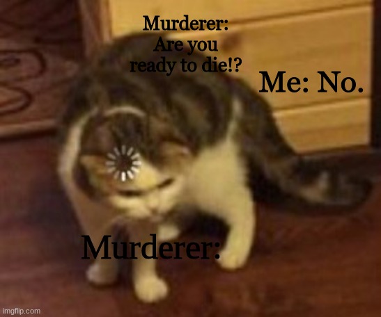 Horror Movie Logic | Murderer: Are you ready to die!? Me: No. Murderer: | image tagged in loading cat | made w/ Imgflip meme maker