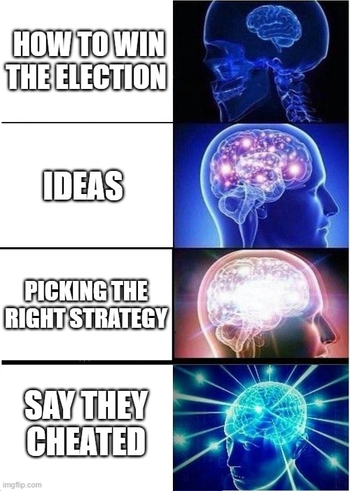 Expanding Brain | HOW TO WIN THE ELECTION; IDEAS; PICKING THE RIGHT STRATEGY; SAY THEY CHEATED | image tagged in memes,expanding brain | made w/ Imgflip meme maker