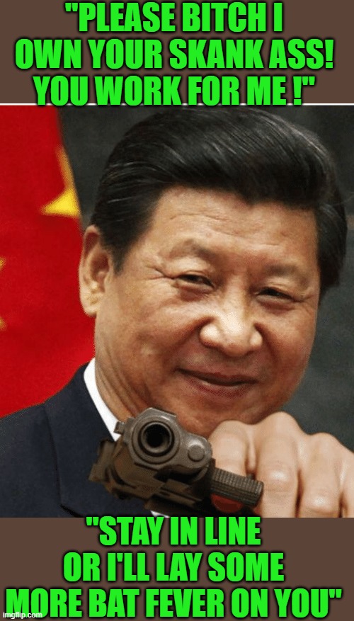 Xi Jinping | "PLEASE BITCH I OWN YOUR SKANK ASS! YOU WORK FOR ME !" "STAY IN LINE OR I'LL LAY SOME MORE BAT FEVER ON YOU" | image tagged in xi jinping | made w/ Imgflip meme maker