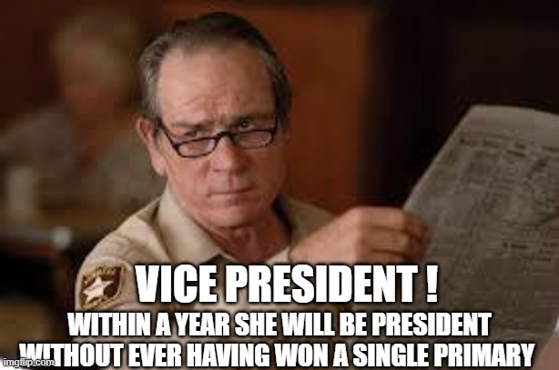 no country for old men tommy lee jones | VICE PRESIDENT ! WITHIN A YEAR SHE WILL BE PRESIDENT WITHOUT EVER HAVING WON A SINGLE PRIMARY | image tagged in no country for old men tommy lee jones | made w/ Imgflip meme maker