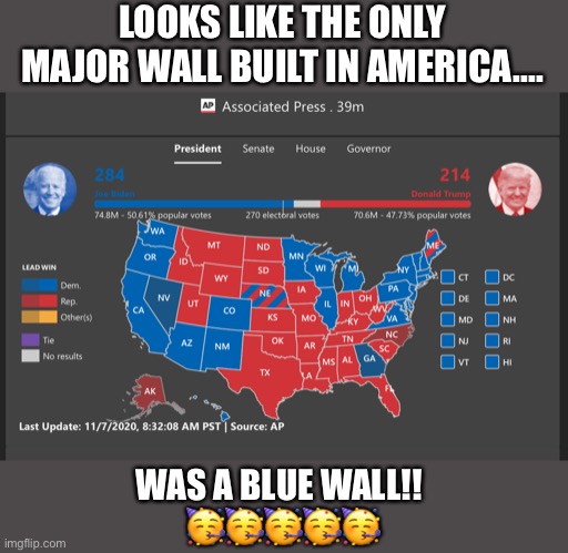 Blue wall | LOOKS LIKE THE ONLY MAJOR WALL BUILT IN AMERICA.... WAS A BLUE WALL!! 
🥳🥳🥳🥳🥳 | image tagged in election 2020,joe biden,win | made w/ Imgflip meme maker