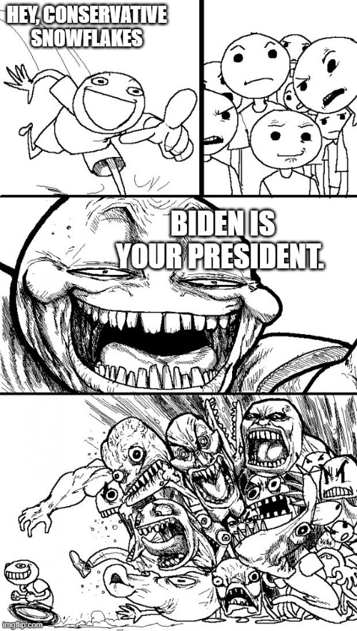 Every day for the next 4 years. | HEY, CONSERVATIVE SNOWFLAKES; BIDEN IS YOUR PRESIDENT. | image tagged in memes,hey internet | made w/ Imgflip meme maker