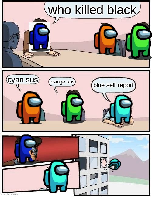 everyday in among us | who killed black; cyan sus; orange sus; blue self report | image tagged in memes,boardroom meeting suggestion | made w/ Imgflip meme maker