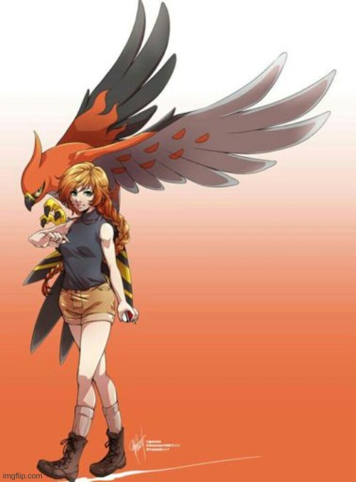 Holly with her newly evolved Talonflame | image tagged in holly | made w/ Imgflip meme maker