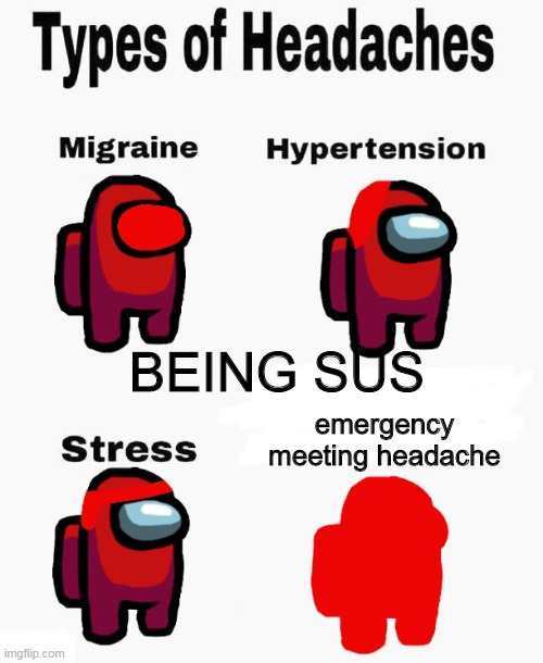 Among us types of headaches | BEING SUS; emergency meeting headache | image tagged in among us types of headaches | made w/ Imgflip meme maker