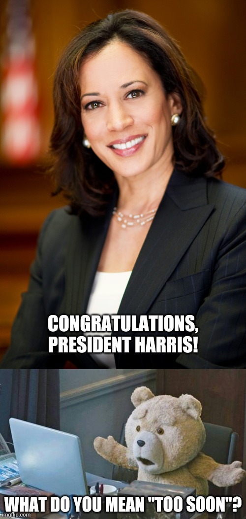 We all know it's coming.  Will she be 47, or does it still count as 46? | CONGRATULATIONS, PRESIDENT HARRIS! WHAT DO YOU MEAN "TOO SOON"? | image tagged in kamala harris,what do you mean,politics,47,president harris | made w/ Imgflip meme maker
