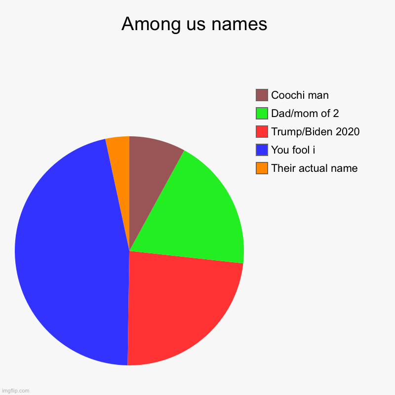 Among us name stereotypes | Among us names | Their actual name, You fool i, Trump/Biden 2020, Dad/mom of 2, Coochi man | image tagged in charts,pie charts | made w/ Imgflip chart maker